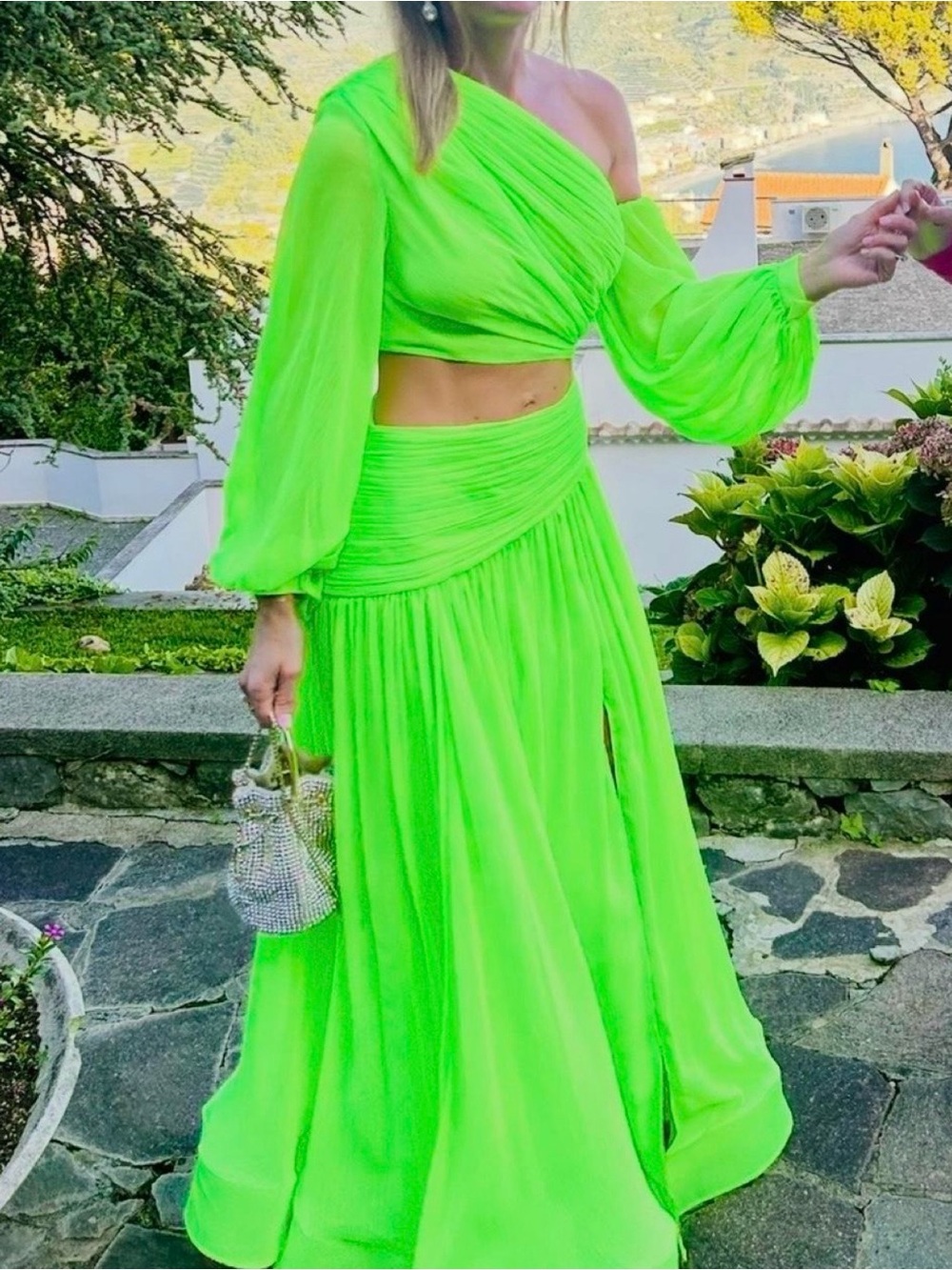 Bronx and Banco Neon Lime One-Shoulder Pleated Maxi Set - Picture 3 of 6